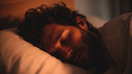 Peaceful man sleeping comfortably in dimly lit bedroom at night