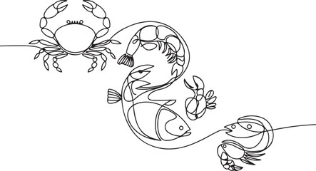 Continuous line design of crabs, fish and shrimp. one line Icon drawing with white background