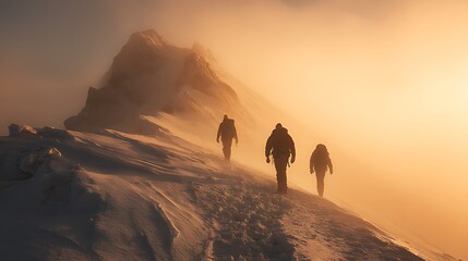 Three silhouetted figures trek across a snowy mountain ridge at sunset