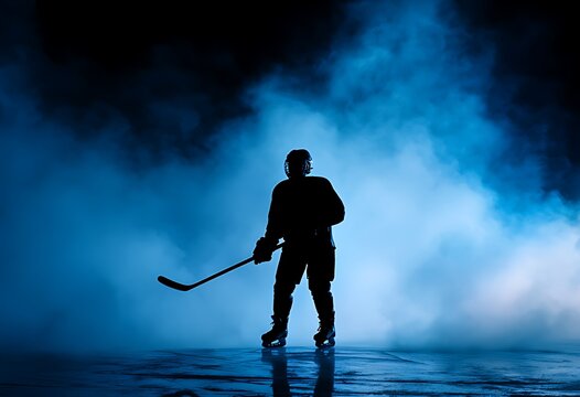 A solitary hockey player stands silhouetted against a backdrop of swirling mist - Powered by Adobe