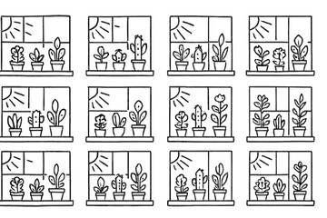 Obraz premium Doodle plants sunlight rays small windowsill potted icon window vector icons garden