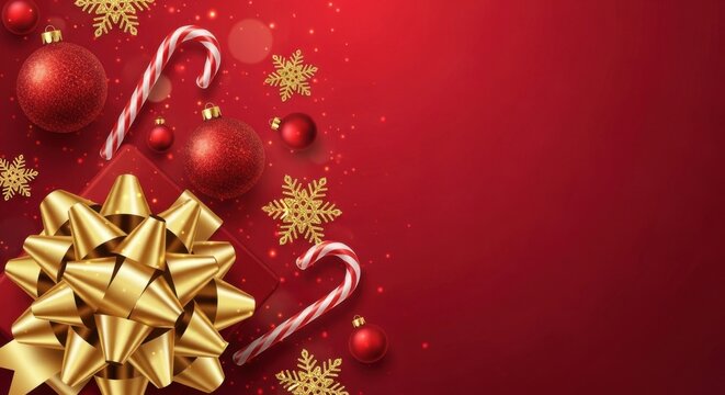 Festive christmas composition featuring a golden bow, red baubles, candy canes, and snowflakes arranged on a vibrant red background, creating a joyful holiday atmosphere - Powered by Adobe