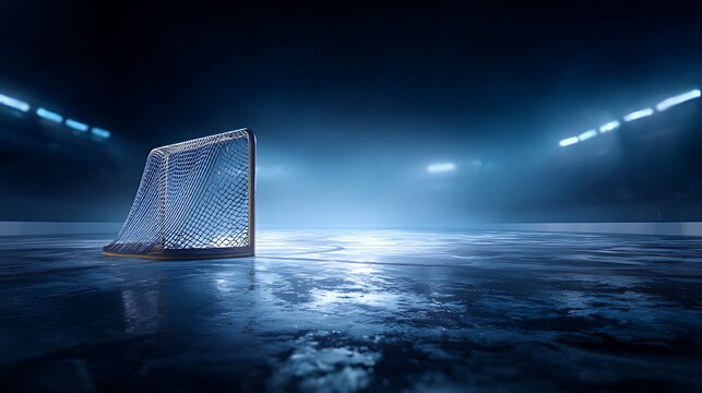 An empty hockey net stands illuminated on a dimly lit ice rink - Powered by Adobe