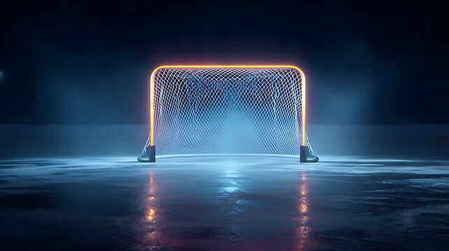 Illuminated hockey goal stands prominently in a dark futuristic arena