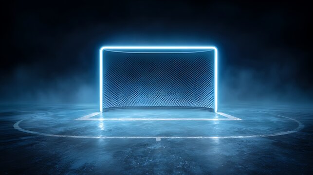 Glowing neon hockey goal on a dark smoky rink with circular markings - Powered by Adobe