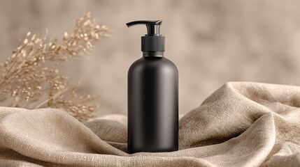 Naklejka premium Minimalist black pump bottle on beige fabric with soft natural lighting