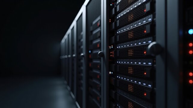 Rows of glowing server racks in a dark data center