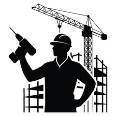 Silhouette of a construction worker holding a drill with a crane and building under construction isolated on white background