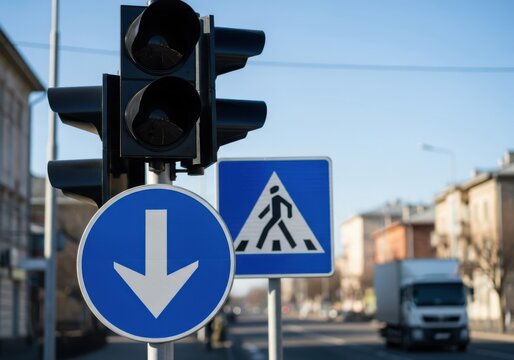 Street scene with traffic lights pedestrian crossing and directional sign - Powered by Adobe