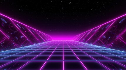 Abstract neon grid tunnel with pink and blue lights