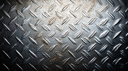 Close-up of textured black diamond plate metal surface with industrial lighting