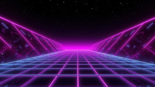 Abstract neon grid tunnel with pink and blue lights