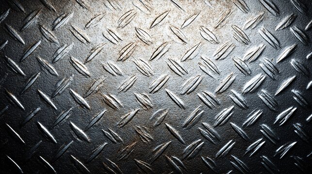Close-up of textured black diamond plate metal surface with industrial lighting