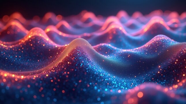Abstract glowing digital waves with particles in vibrant neon colors