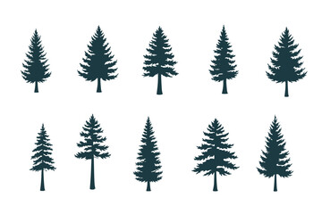 Obraz premium Forest Pine Tree Silhouette Collection – Detailed Evergreen Conifer Shapes for Nature Backgrounds, Landscape Elements, Outdoor Adventure Graphics and Wilderness Design Projects
