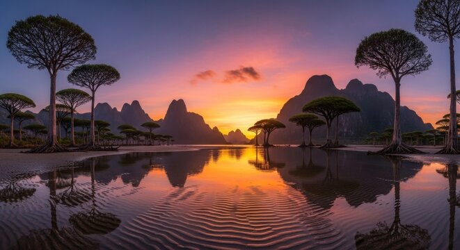 Sunset over a mountain range with a pond in the foreground. - Powered by Adobe