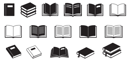 A collection of black and white minimalist book and textbook icons set