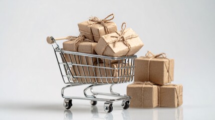 Miniature shopping cart filled with small gift boxes on white background