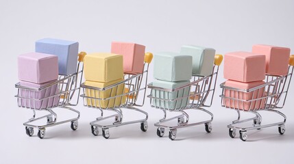 Colorful shopping carts filled with pastel gift boxes on white background