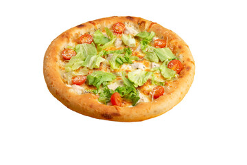 Pizza with lettuce and tomatoes. Transparent.