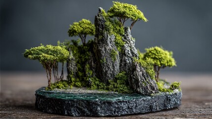 Miniature bonsai trees on rocky terrain with detailed natural lighting