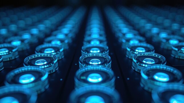 Rows of bright blue led lights glowing in a dark background
