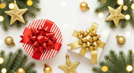 Festive christmas gifts with red and gold ribbons, surrounded by evergreen branches and golden ornaments on a bright white background, creating a joyful holiday scene