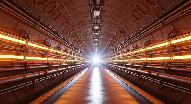 Futuristic Sci-Fi Tunnel with Glowing Neon Lights and Industrial - Powered by Adobe