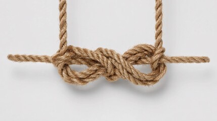 Close-up of brown rope tied in a complex knot on white background