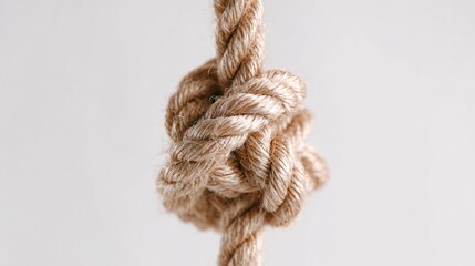 Close-up of natural fiber rope tied in a secure knot against white background