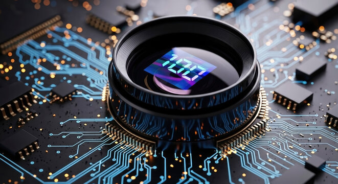 Futuristic Lens on Circuit Board: High-Tech Precision and Digita