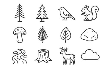 Fototapeta premium Pine icon stump cloud vector squirrel leaf tree evergreen rock deer icons