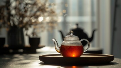 Glass teapot with hot tea on a wooden tray, creating a serene and peaceful atmosphere at home