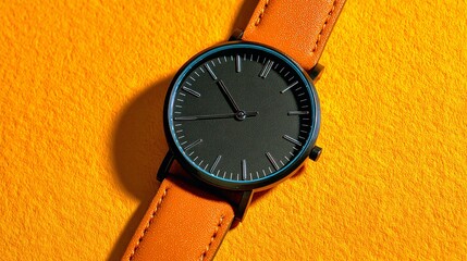 Minimalist black wristwatch with orange leather strap on bright background