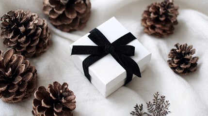 Elegant white gift box with black ribbon surrounded by pine cones on white fabric