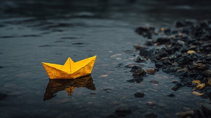 Yellow Paper Boat Floating on Dark Water with Fallen Leaves Nearby