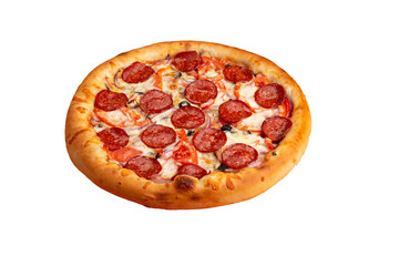 Pizza with smoked sausage. Transparent.