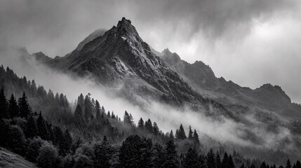 Misty Mountain Landscape with Forest and Dramatic Cloudy Sky