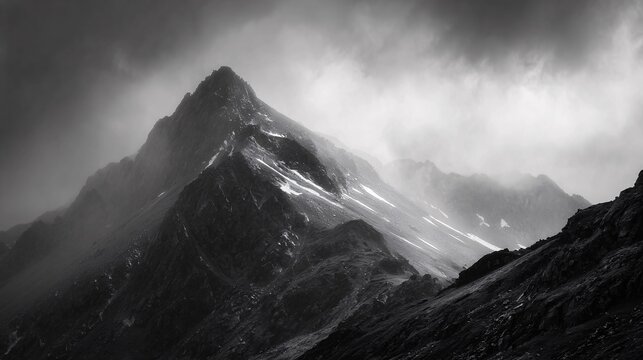 Dramatic Black and White Mountain Peak with Moody Cloudy Sky