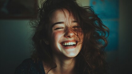 Close-up portrait of happy young woman with curly hair laughing in natural light
