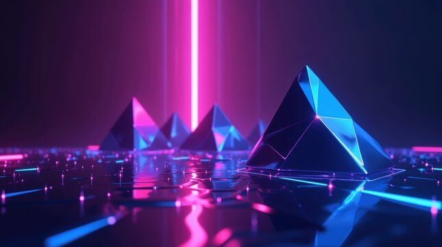 Abstract geometric landscape with neon lights and crystal pyramids