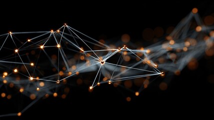 Abstract digital network with glowing orange nodes and connecting lines on dark background