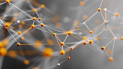 Abstract scientific 3D network structure with orange nodes on gray background