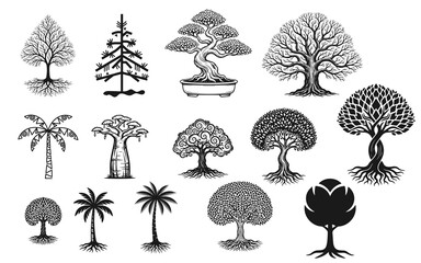 Obraz premium Stylized Tree Collection – Artistic Botanical Illustrations in Diverse Forms