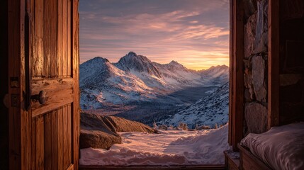 View Through Cabin Door of Snowy Mountain Landscape at Sunset