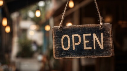 Rustic wooden open sign hanging outside a cozy cafe with blurred background
