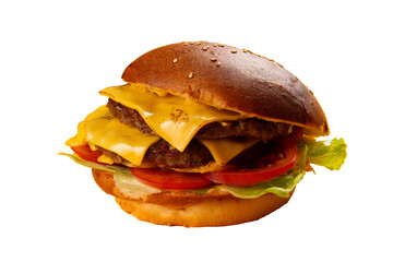 A delicious burger with cheese, lettuce, and tomatoes. Transparent.