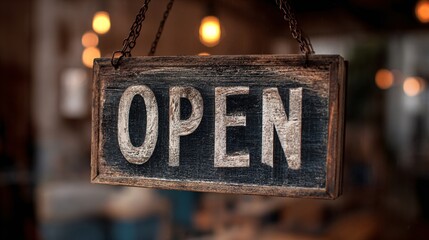 Rustic Wooden Open Sign Hanging in Cozy Warmly Lit Interior