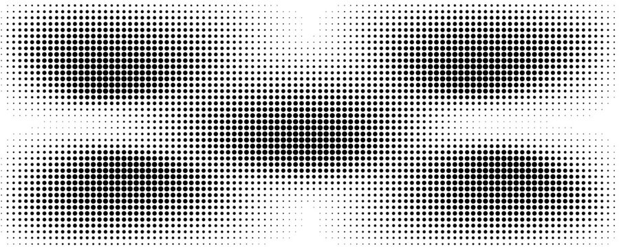 Set of halftone dots gradient pattern texture isolated on white background. Straight dotted spots using halftone circle dot raster texture. Vector blot half tone collection.