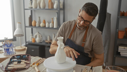 Man in apron shapes white ceramic vase by hand on potter wheel in studio surrounded by brushes, tools and shelves of pots; artistry focus.